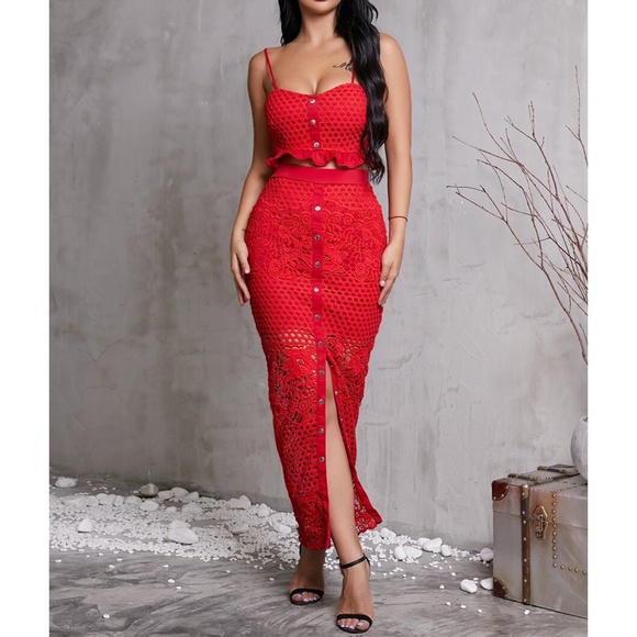 Red Lace Crop Top Midi Skirt Two Piece Dress Set - Picture 3 of 6